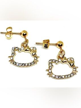 White Crystal Rhinestone Hollow Cat Kitty Head w/ Bow Ball Post Dangle Earrings